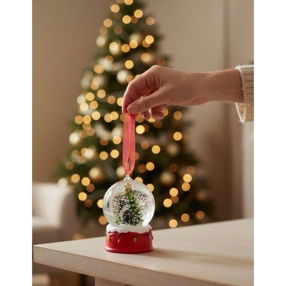 Mini Christmas Holiday Cat W/Hat & Tree Hanging Sno Globe Ornament 2.5” NIP